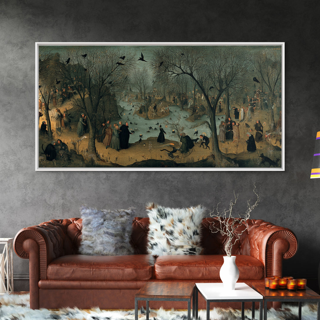 The Black Cat Gathering, Northern Renaissance Horror, Wide Panoramic Art, Gothic Horror Wall Art, Framed Canvas Print