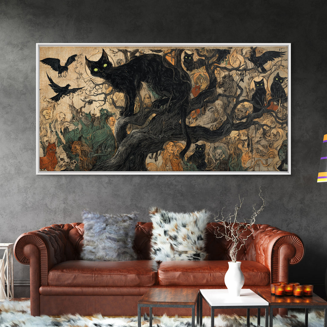The Black Cat Gathering, Dark Renaissance Art, Wide Panoramic Art, Dark Halloween Decor, Canvas Print, Halloween Wall Art