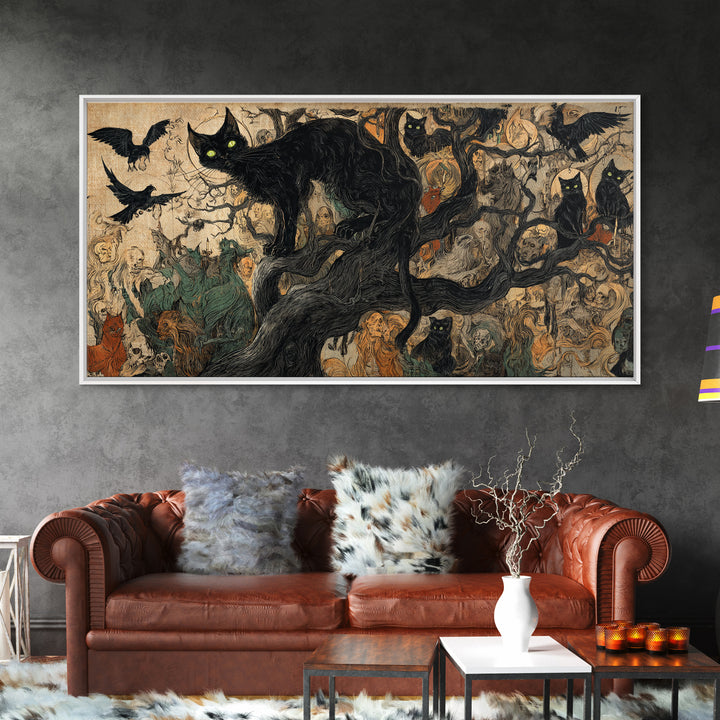 The Black Cat Gathering, Dark Renaissance Art, Wide Panoramic Art, Dark Halloween Decor, Canvas Print, Halloween Wall Art