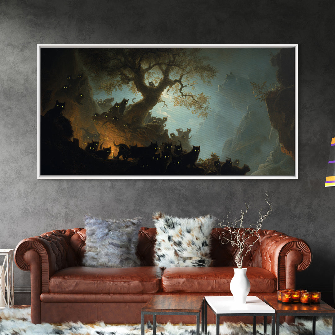 The Black Cat Gathering, Baroque Witchcraft Art, Wide Panoramic Art, Dark Fantasy Wall Art, Framed Canvas Print, Halloween Wall Art
