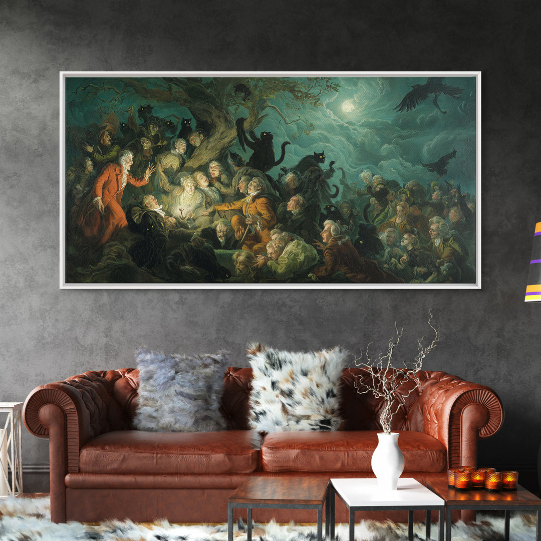 The Black Cat Gathering, Gothic Nightmare Art, Wide Panoramic Art, Macabre Wall Art, Canvas Print, Halloween Wall Art