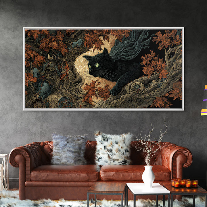 The Black Cat Gathering, Visionary Gothic Art, Wide Panoramic Art, Dark Halloween Decor, Framed Canvas Print, Halloween Wall Art