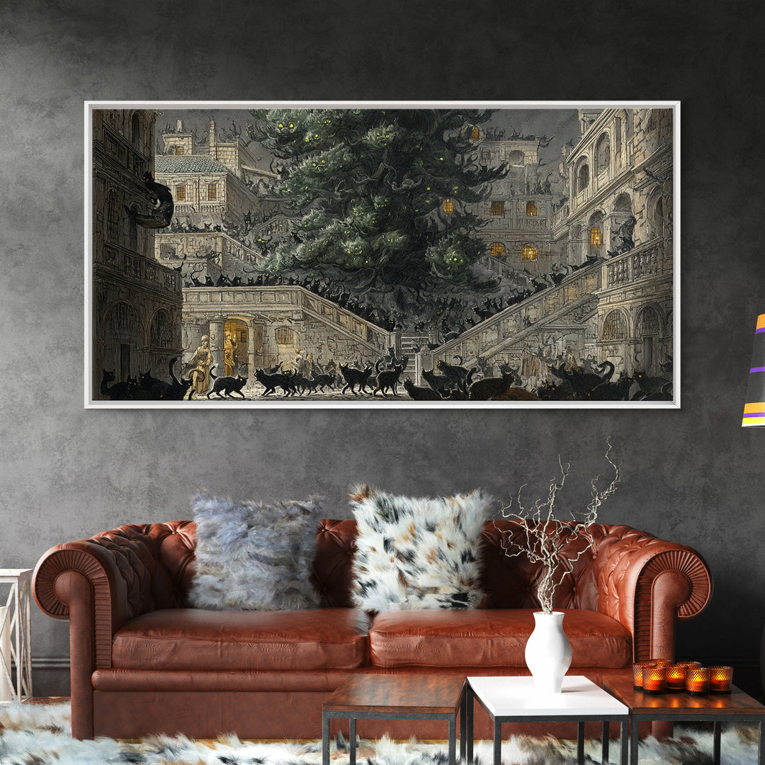 The Black Cat Gathering, Architectural Etching Art, Wide Panoramic Art, Macabre Wall Art, Canvas Print, Halloween Wall Art