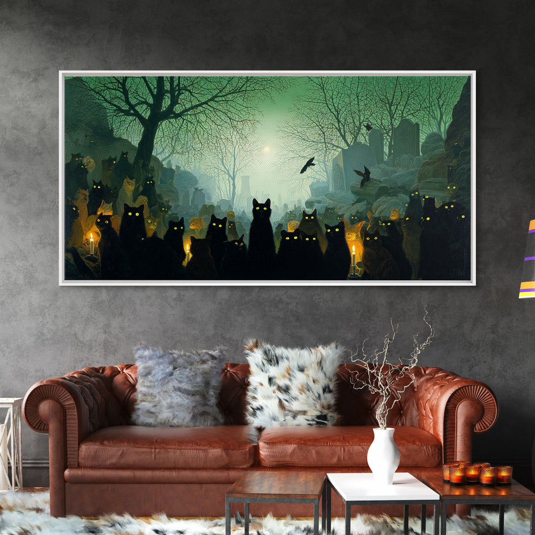 The Black Cat Gathering, Romantic Gothic Landscape, Wide Panoramic Art, Dark Fantasy Wall Art, Canvas Print, Halloween Wall Art