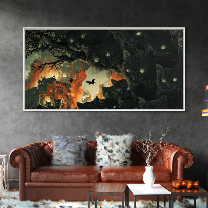 The Black Cat Gathering, Apocalyptic Romantic Art, Wide Panoramic Art, Macabre Wall Art, Framed Canvas Print, Halloween Wall Art