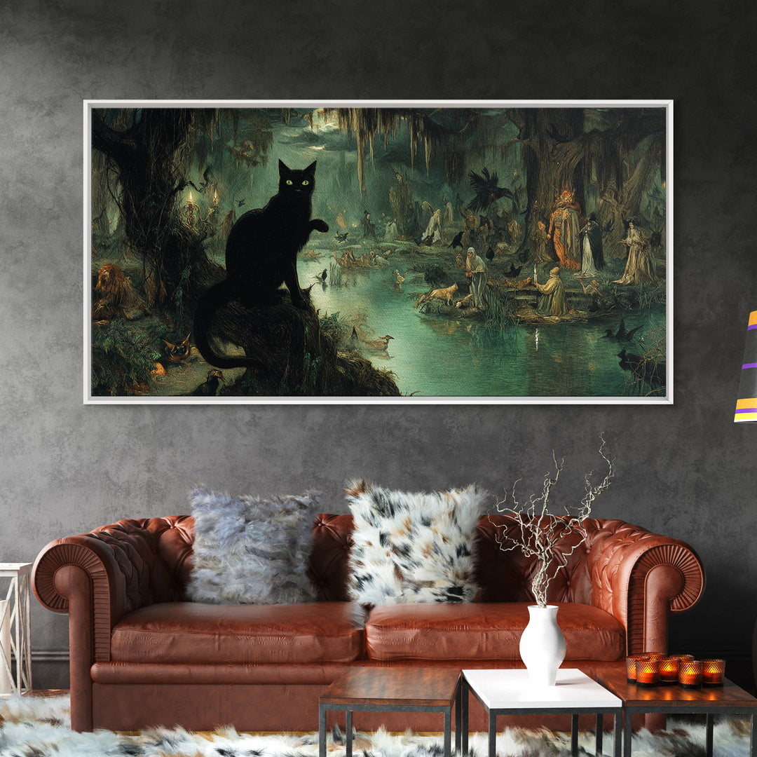 The Black Cat Gathering, Symbolist Gothic Landscape, Wide Panoramic Art, Dark Fantasy Wall Art, Framed Canvas Print, Halloween Wall Art