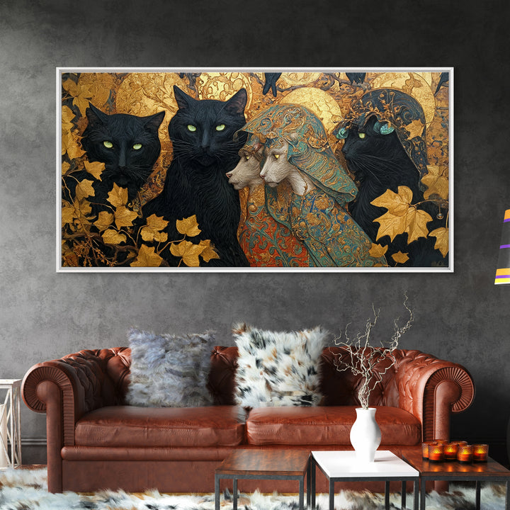 The Black Cat Gathering, Ornate Symbolist Art, Wide Panoramic Art, Gothic Horror Wall Art, Canvas Print, Halloween Wall Art