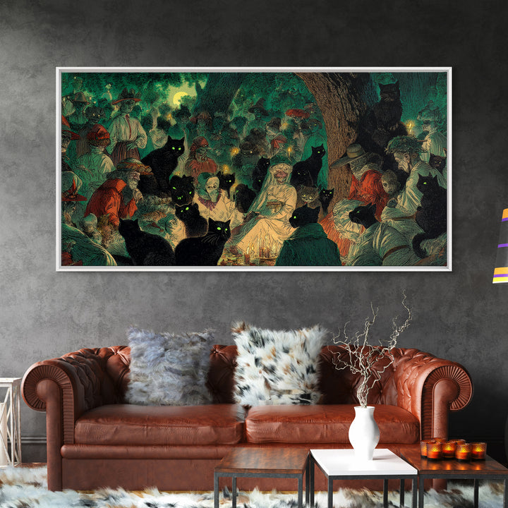 The Black Cat Gathering, Decadent Gothic Art, Wide Panoramic Art, Gothic Horror Wall Art, Canvas Print, Halloween Wall Art