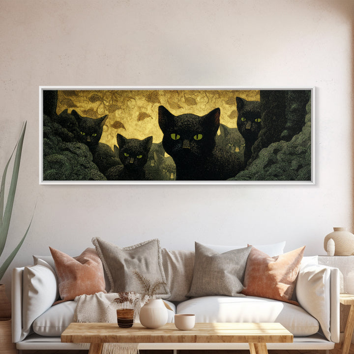 The Black Cat Gathering, Dark Symbolist Art, Extra Wide Wall Art, Dark Fantasy Wall Art, Canvas Print, Halloween Wall Art