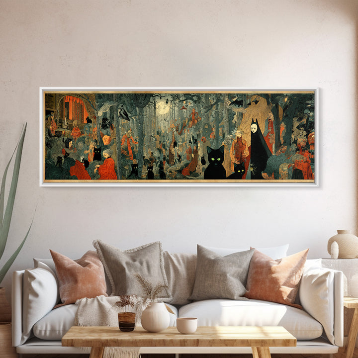 The Black Cat Gathering, Symbolist Etching Art, Extra Wide Wall Art, Macabre Wall Art, Canvas Print, Halloween Wall Art
