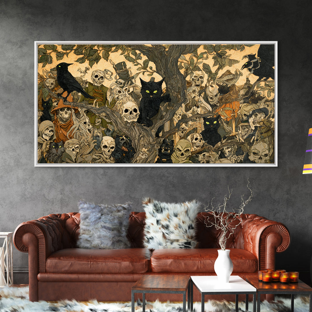The Black Cat Gathering, Grotesque Carnival Art, Wide Panoramic Art, Dark Halloween Decor, Framed Canvas Print, Halloween Wall Art