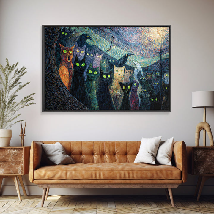 The Black Cat Gathering, Expressionist Gothic Art, Landscape Wall Art, Dark Halloween Decor, Canvas Print, Halloween Wall Art