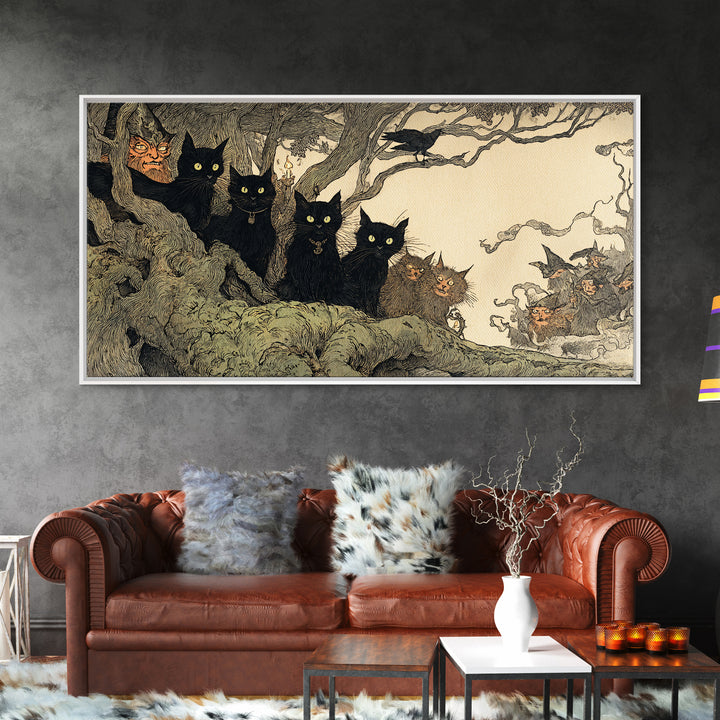 The Black Cat Gathering, Gothic Storybook Art, Wide Panoramic Art, Dark Halloween Decor, Framed Canvas Print, Halloween Wall Art