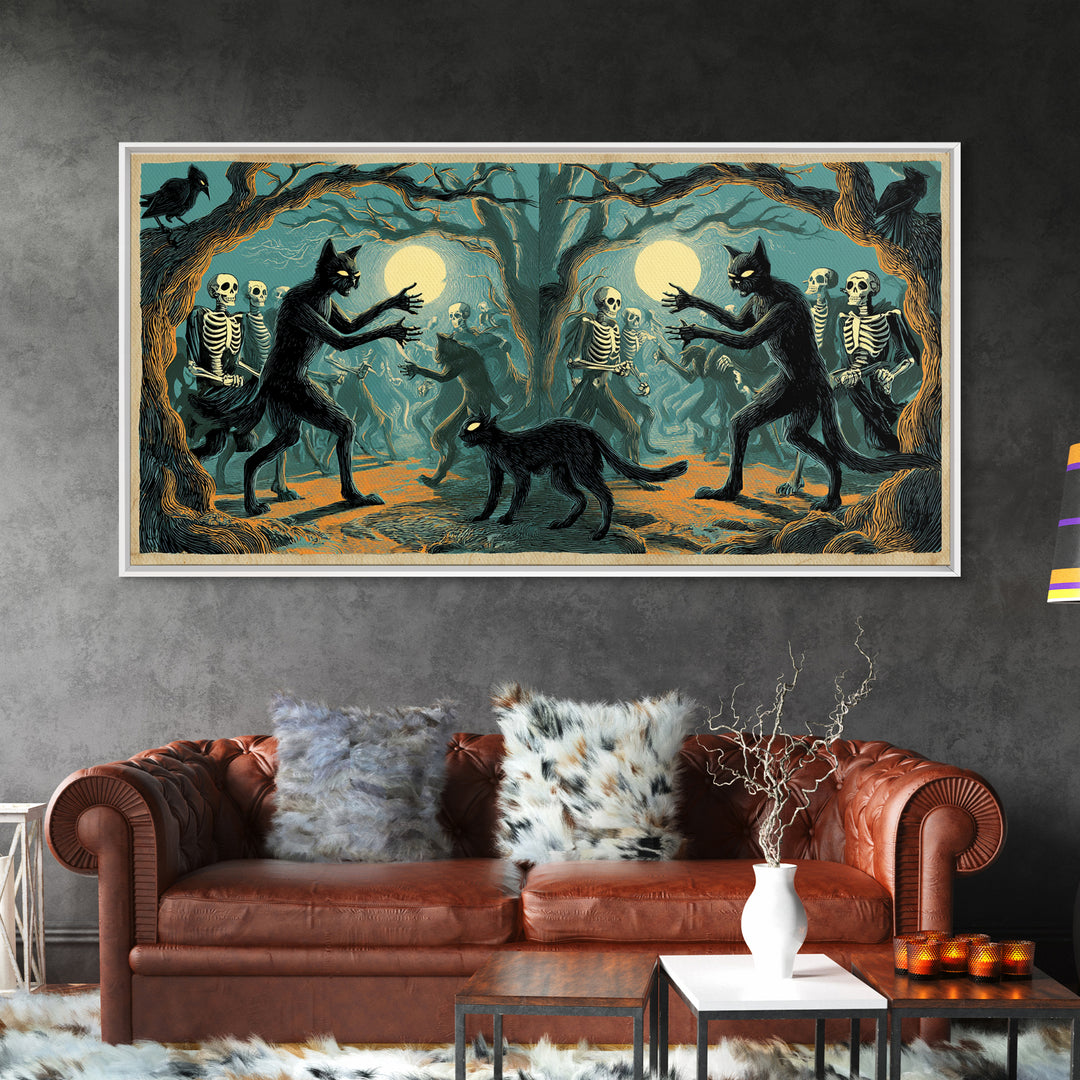 The Black Cat Gathering, Macabre Folk Print Art, Wide Panoramic Art, Macabre Wall Art, Framed Canvas Print, Halloween Wall Art