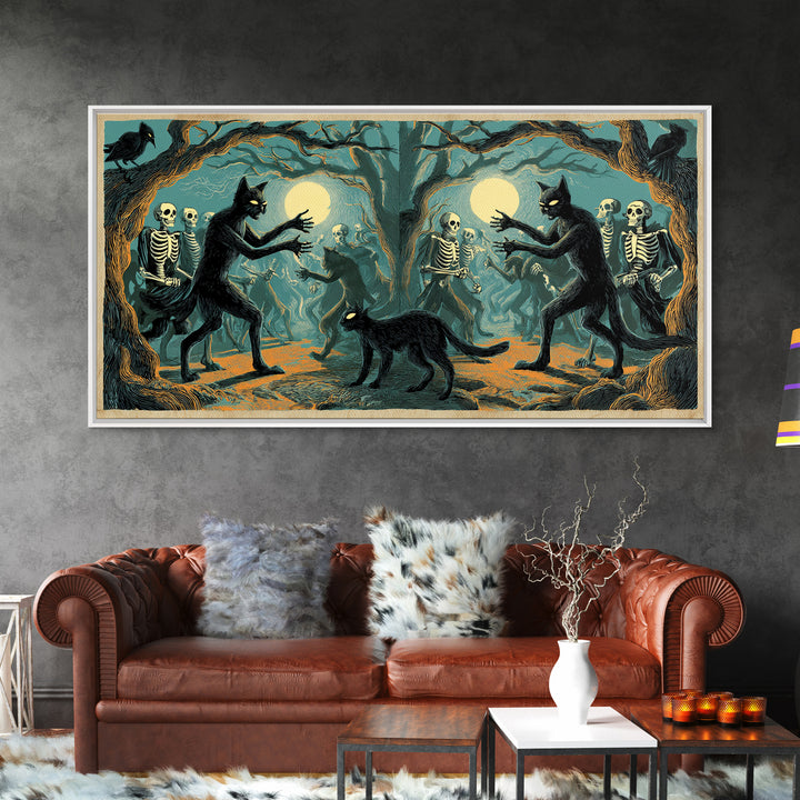 The Black Cat Gathering, Macabre Folk Print Art, Wide Panoramic Art, Macabre Wall Art, Framed Canvas Print, Halloween Wall Art