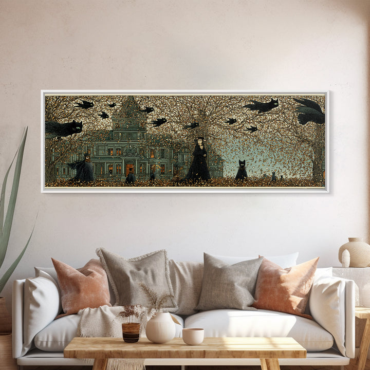The Black Cat Gathering, Victorian Macabre Art, Extra Wide Wall Art, Dark Halloween Decor, Canvas Print, Halloween Wall Art