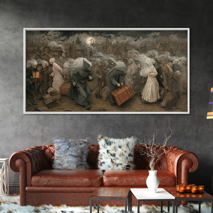 The Ghost Train Arrival, Northern Renaissance Horror, Wide Panoramic Art, Gothic Horror Wall Art, Framed Canvas Print