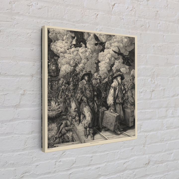 The Ghost Train Arrival, Renaissance Engraving Art, Square Wall Art, Dark Halloween Decor, Framed Canvas Print, Halloween Wall Art