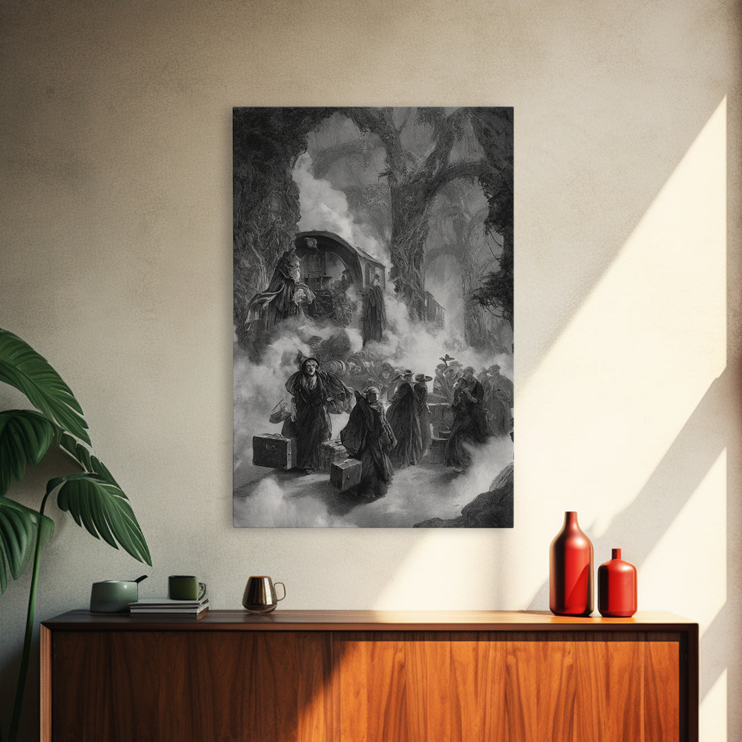 The Ghost Train Arrival, Baroque Witchcraft Art, Vertical Wall Art, Dark Halloween Decor, Canvas Print, Halloween Wall Art