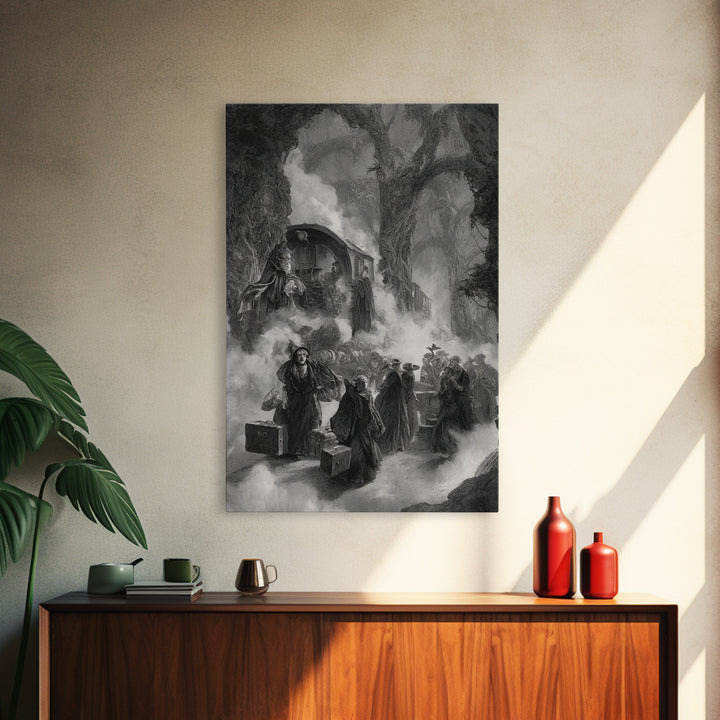 The Ghost Train Arrival, Baroque Witchcraft Art, Vertical Wall Art, Dark Halloween Decor, Canvas Print, Halloween Wall Art