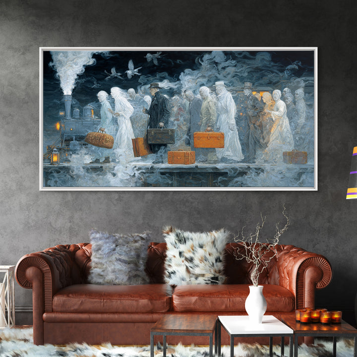 The Ghost Train Arrival, Visionary Gothic Art, Wide Panoramic Art, Dark Halloween Decor, Canvas Print, Halloween Wall Art