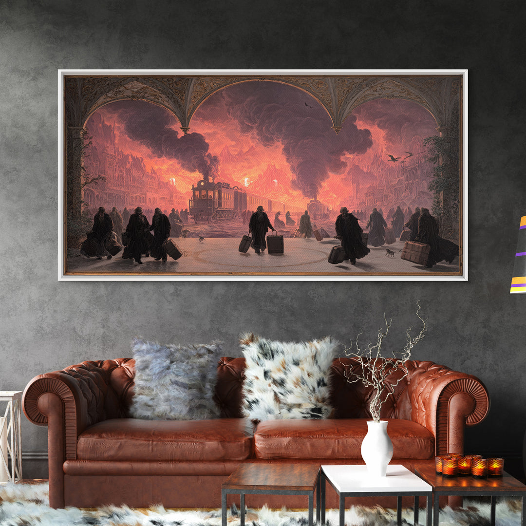 The Ghost Train Arrival, Apocalyptic Romantic Art, Wide Panoramic Art, Gothic Horror Wall Art, Canvas Print, Halloween Wall Art