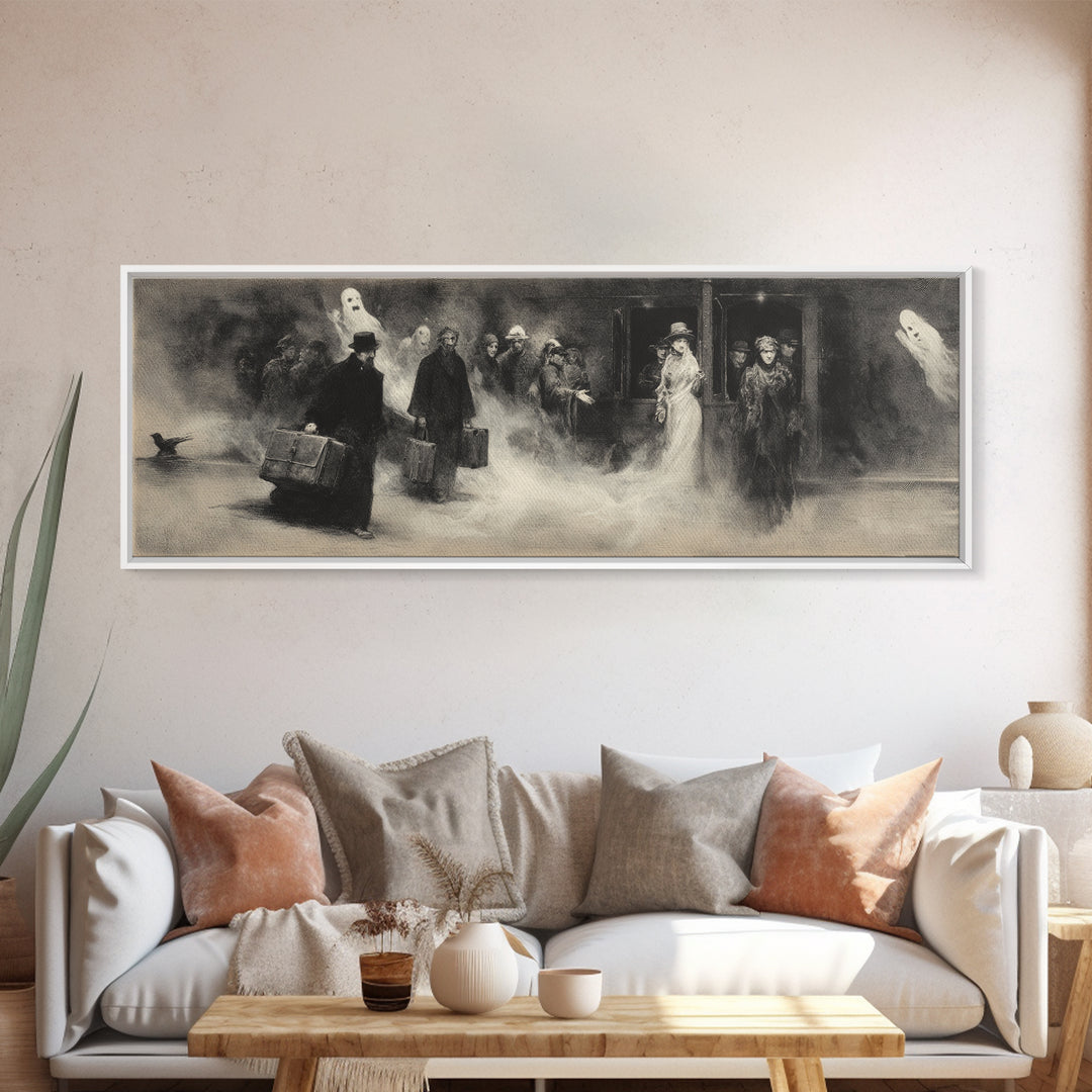 The Ghost Train Arrival, Symbolist Dream Art, Extra Wide Wall Art, Dark Halloween Decor, Canvas Print, Halloween Wall Art