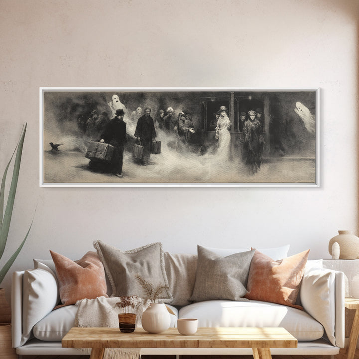 The Ghost Train Arrival, Symbolist Dream Art, Extra Wide Wall Art, Dark Halloween Decor, Canvas Print, Halloween Wall Art
