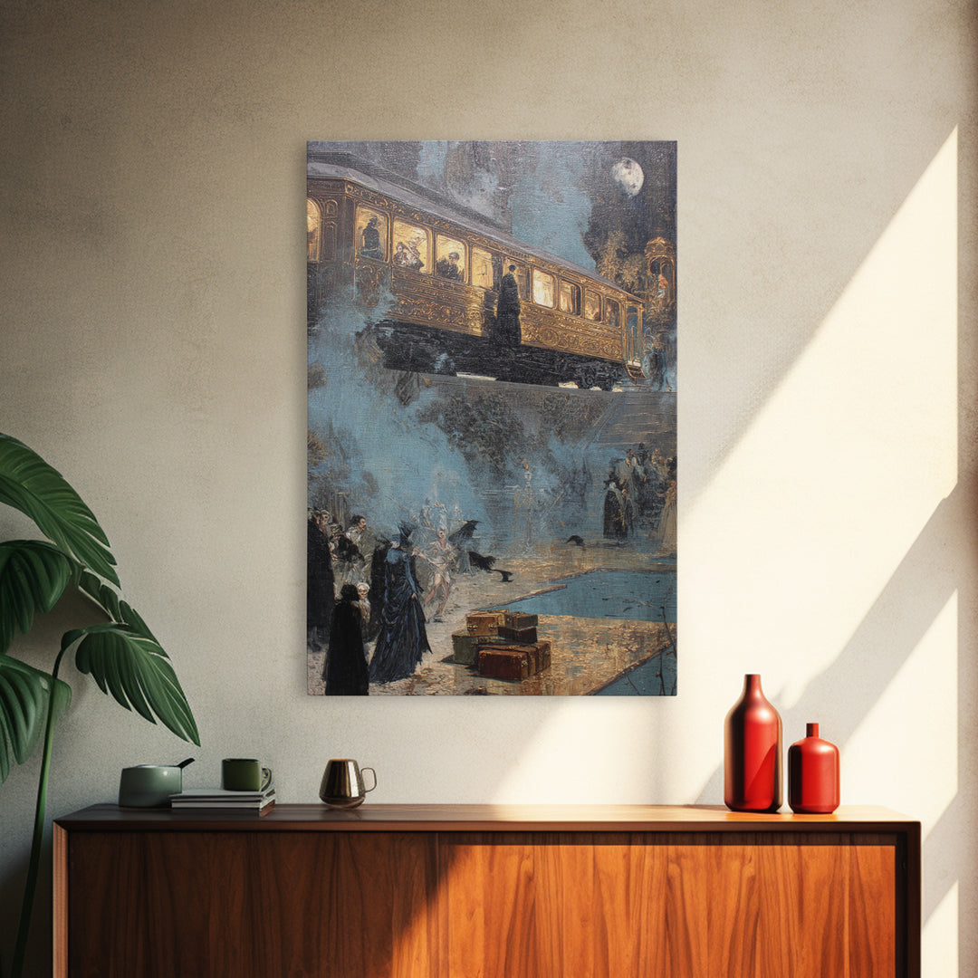 The Ghost Train Arrival, Ornate Symbolist Art, Vertical Wall Art, Dark Fantasy Wall Art, Canvas Print, Halloween Wall Art