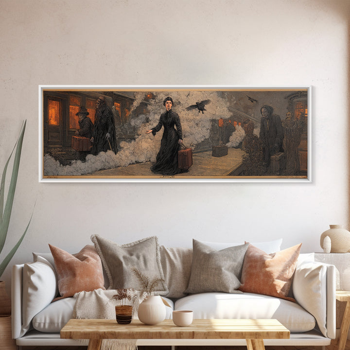 The Ghost Train Arrival, Symbolist Etching Art, Extra Wide Wall Art, Dark Fantasy Wall Art, Framed Canvas Print, Halloween Wall Art