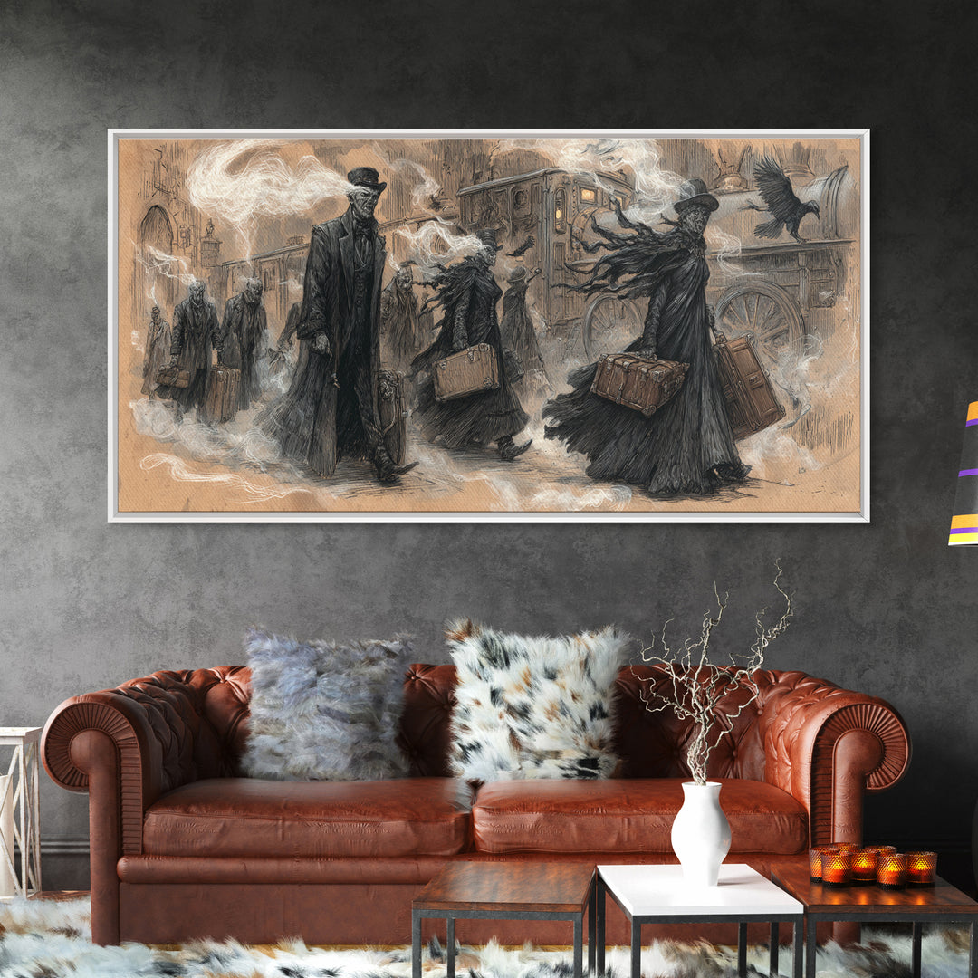 The Ghost Train Arrival, Expressionist Nightmare Art, Wide Panoramic Art, Macabre Wall Art, Canvas Print, Halloween Wall Art