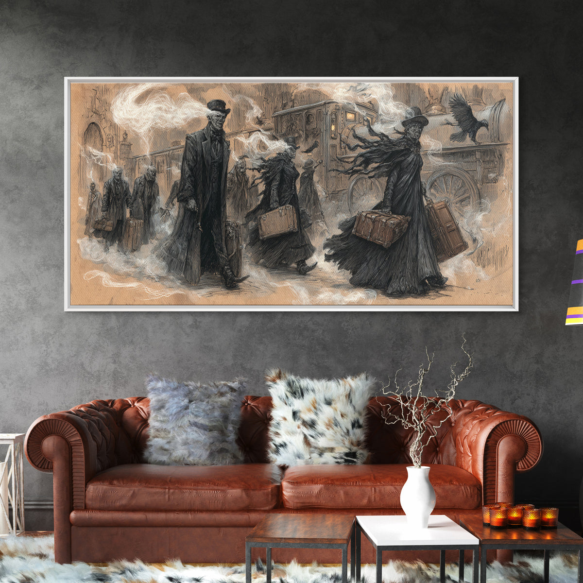 The Ghost Train Arrival, Expressionist Nightmare Art, Wide Panoramic Art, Macabre Wall Art, Canvas Print, Halloween Wall Art