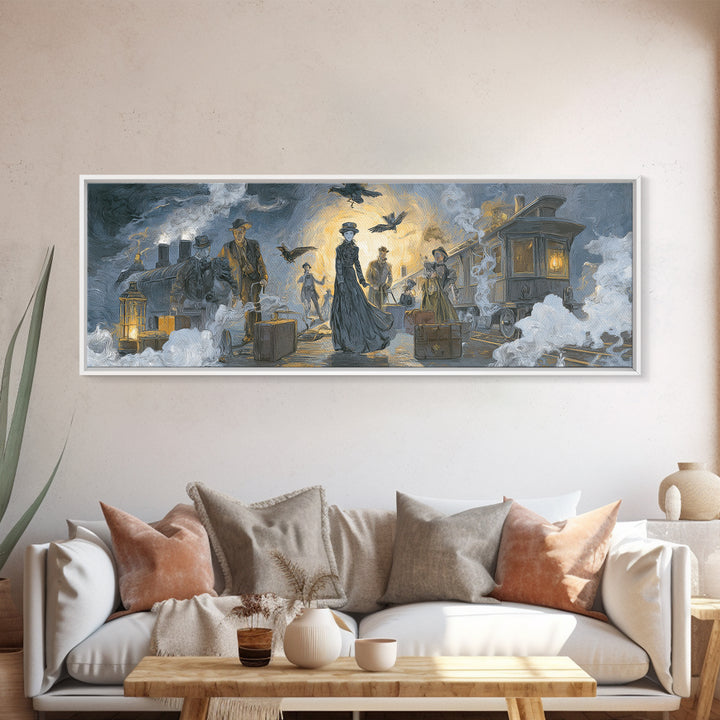 The Ghost Train Arrival, Expressionist Gothic Art, Extra Wide Wall Art, Dark Halloween Decor, Canvas Print, Halloween Wall Art
