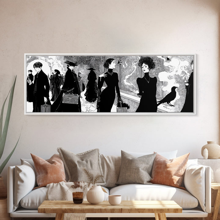 The Ghost Train Arrival, Decadent Line Art, Extra Wide Wall Art, Gothic Horror Wall Art, Canvas Print, Halloween Wall Art