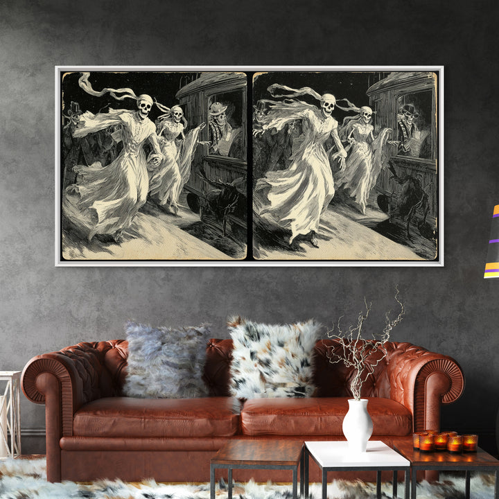 The Ghost Train Arrival, Macabre Folk Print Art, Wide Panoramic Art, Dark Fantasy Wall Art, Framed Canvas Print