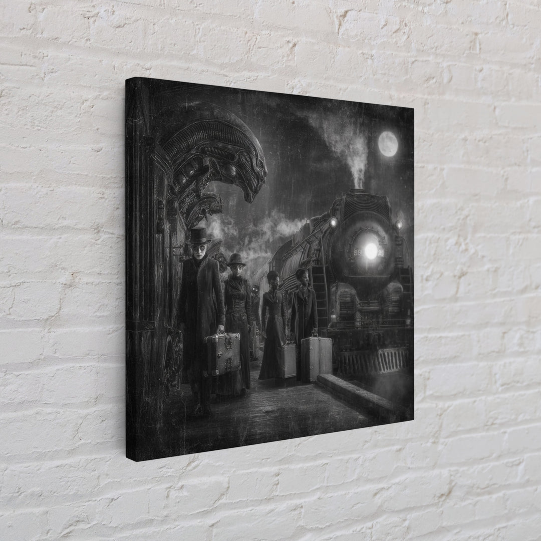 The Ghost Train Arrival, Biomechanical Horror Art, Square Wall Art, Dark Fantasy Wall Art, Framed Canvas Print, Halloween Wall Art