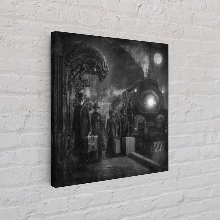 The Ghost Train Arrival, Biomechanical Horror Art, Square Wall Art, Dark Fantasy Wall Art, Framed Canvas Print, Halloween Wall Art