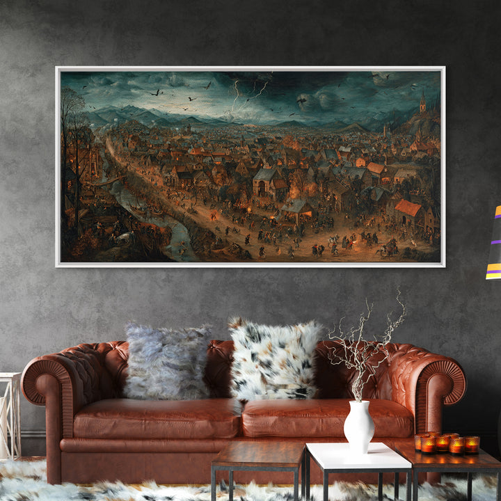 The Halloween Storm, Northern Renaissance Horror, Wide Panoramic Art, Dark Fantasy Wall Art, Canvas Print, Halloween Wall Art