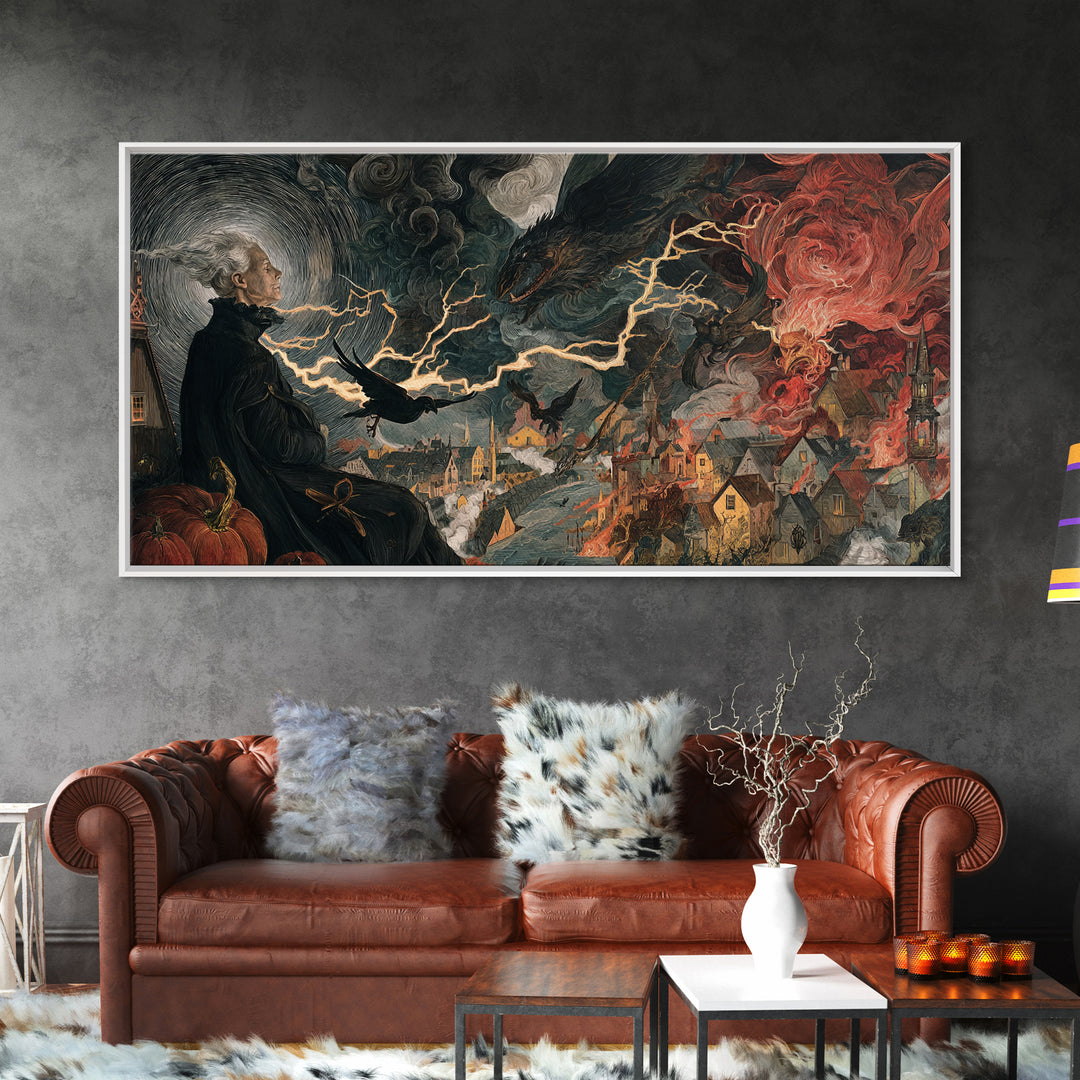 The Halloween Storm, Dark Renaissance Art, Wide Panoramic Art, Dark Fantasy Wall Art, Framed Canvas Print, Halloween Wall Art