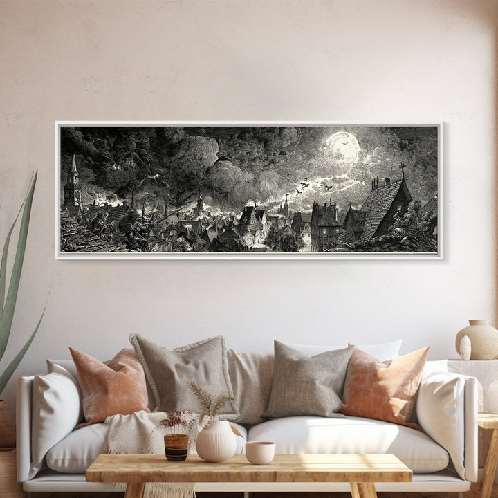The Halloween Storm, Renaissance Engraving Art, Extra Wide Wall Art, Dark Fantasy Wall Art, Canvas Print, Halloween Wall Art