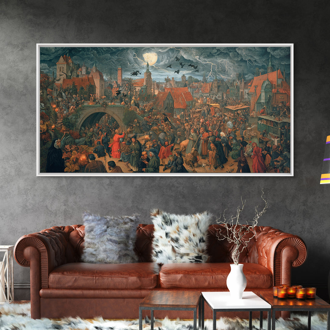 The Halloween Storm, Danse Macabre Art, Wide Panoramic Art, Macabre Wall Art, Framed Canvas Print, Halloween Wall Art