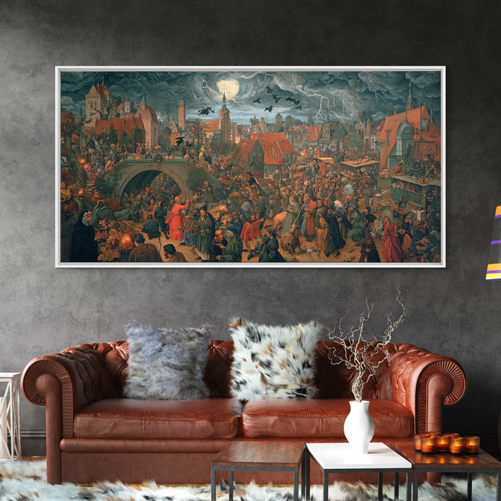 The Halloween Storm, Danse Macabre Art, Wide Panoramic Art, Macabre Wall Art, Framed Canvas Print, Halloween Wall Art