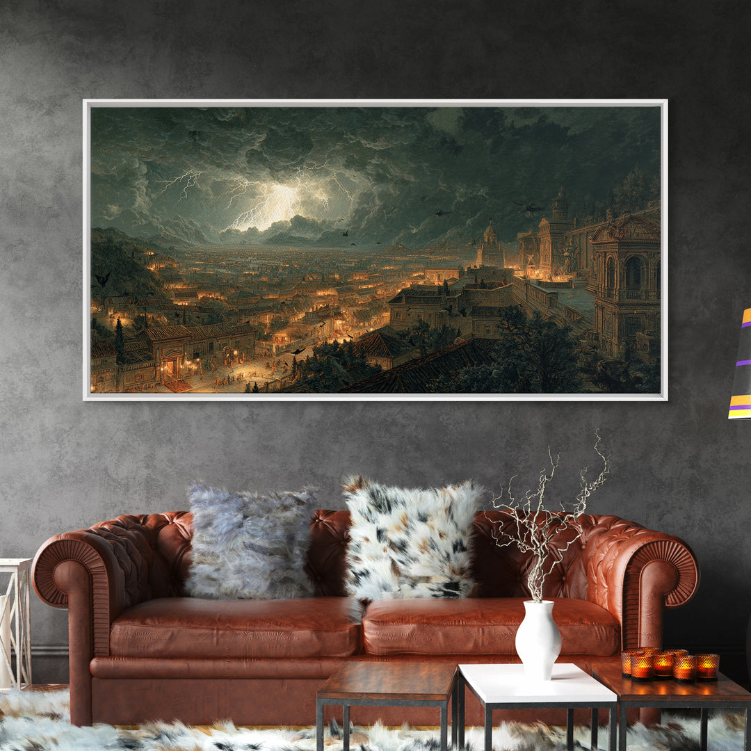 The Halloween Storm, Architectural Etching Art, Wide Panoramic Art, Dark Halloween Decor, Canvas Print, Halloween Wall Art