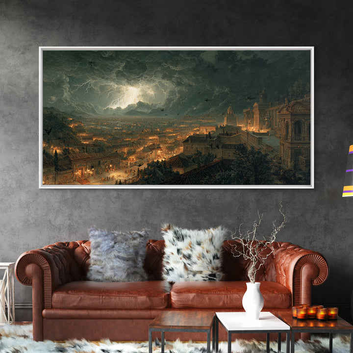 The Halloween Storm, Architectural Etching Art, Wide Panoramic Art, Dark Halloween Decor, Canvas Print, Halloween Wall Art