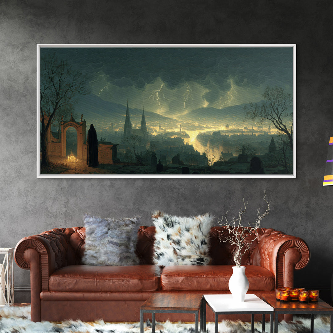 The Halloween Storm, Romantic Gothic Landscape, Wide Panoramic Art, Dark Halloween Decor, Framed Canvas Print, Halloween Wall Art