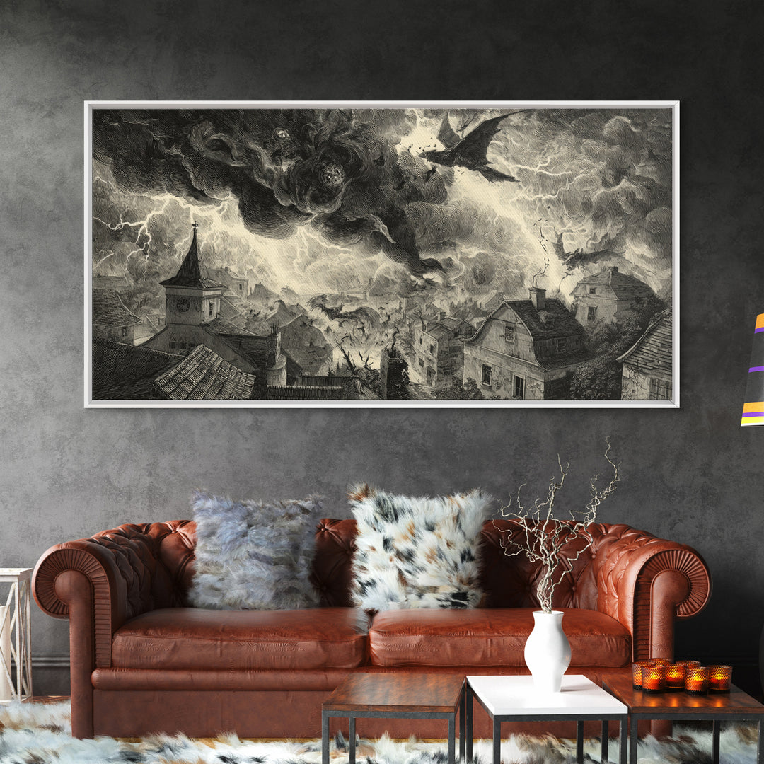 The Halloween Storm, Expressionist Nightmare Art, Wide Panoramic Art, Dark Fantasy Wall Art, Canvas Print, Halloween Wall Art
