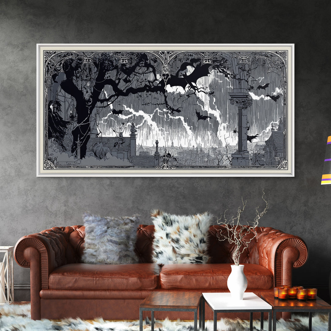 The Halloween Storm, Decadent Line Art, Wide Panoramic Art, Gothic Horror Wall Art, Framed Canvas Print, Halloween Wall Art