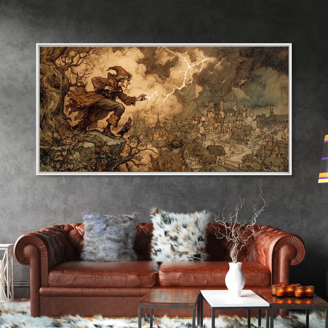 The Halloween Storm, Gothic Storybook Art, Wide Panoramic Art, Dark Fantasy Wall Art, Canvas Print, Halloween Wall Art