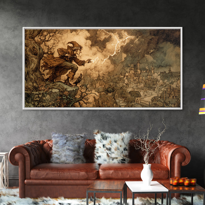 The Halloween Storm, Gothic Storybook Art, Wide Panoramic Art, Dark Fantasy Wall Art, Canvas Print, Halloween Wall Art