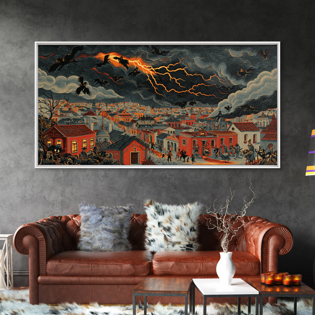 The Halloween Storm, Macabre Folk Print Art, Wide Panoramic Art, Dark Fantasy Wall Art, Framed Canvas Print, Halloween Wall Art